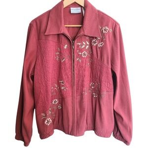 Retro Alfred Dunner Petite Pink Floral Embroidered Full Zip Collared Jacket 14